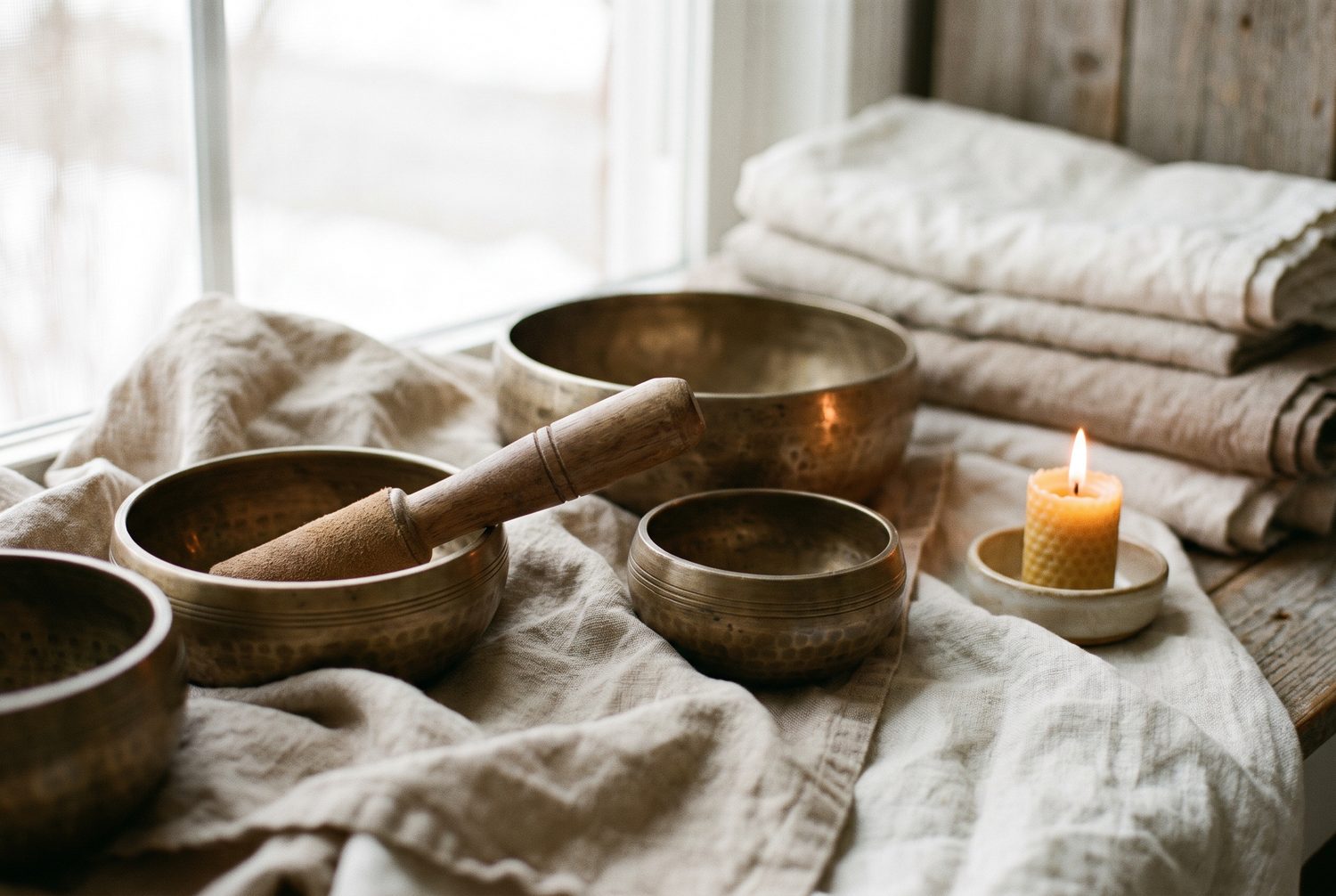 Tibetan singing bowls, a wooden mallet and a candle on soft linen by a window